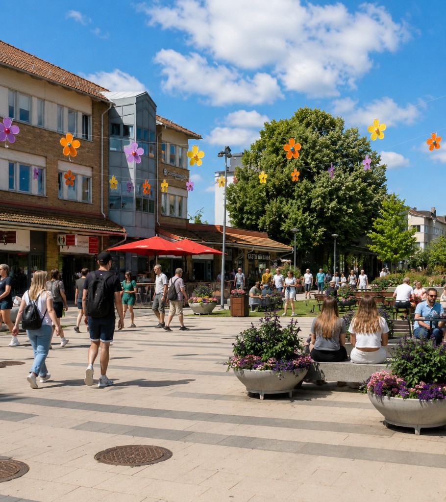 Folkliv på torget i Vallentuna centrum en sommardag.