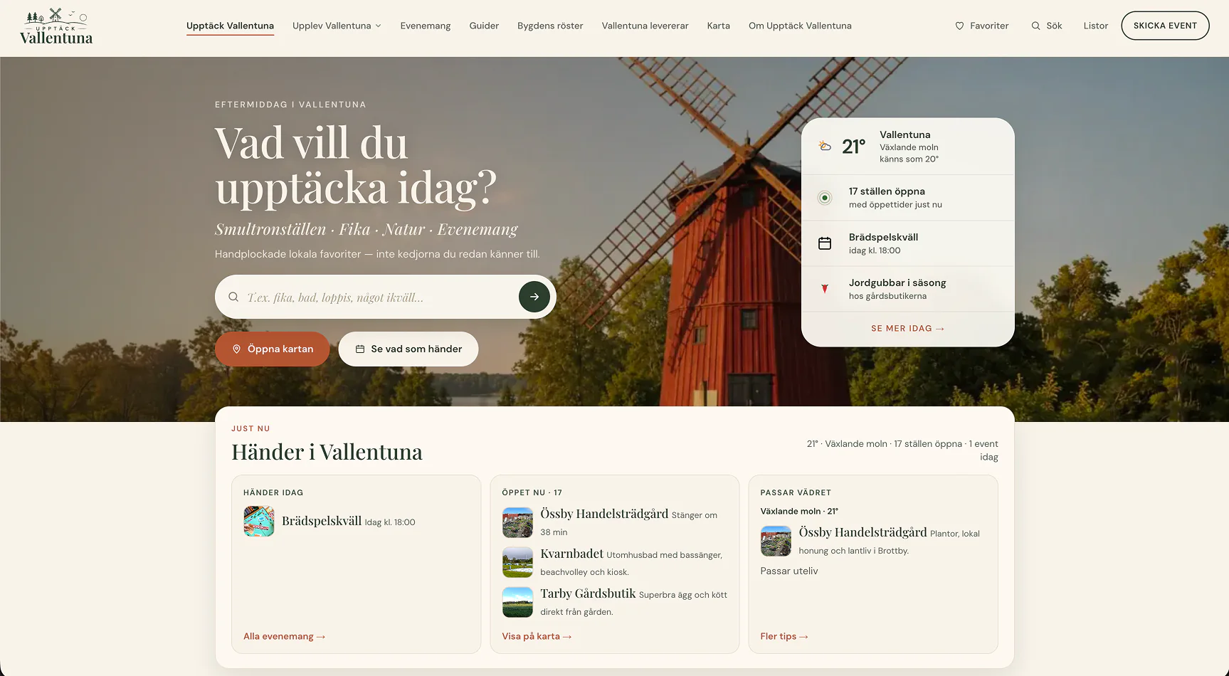 Upptäck Vallentuna, live tjänst med sök, karta och det som händer i kommunen.
