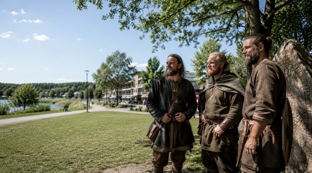 Tre män i vikingakläder vid en runsten i Vallentuna, med sjö och centrum i bakgrunden.