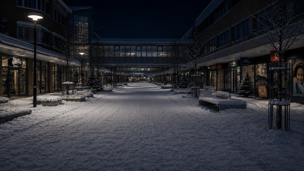 Snötäckt gångstråk i Vallentuna centrum, innan ljusen tänts.